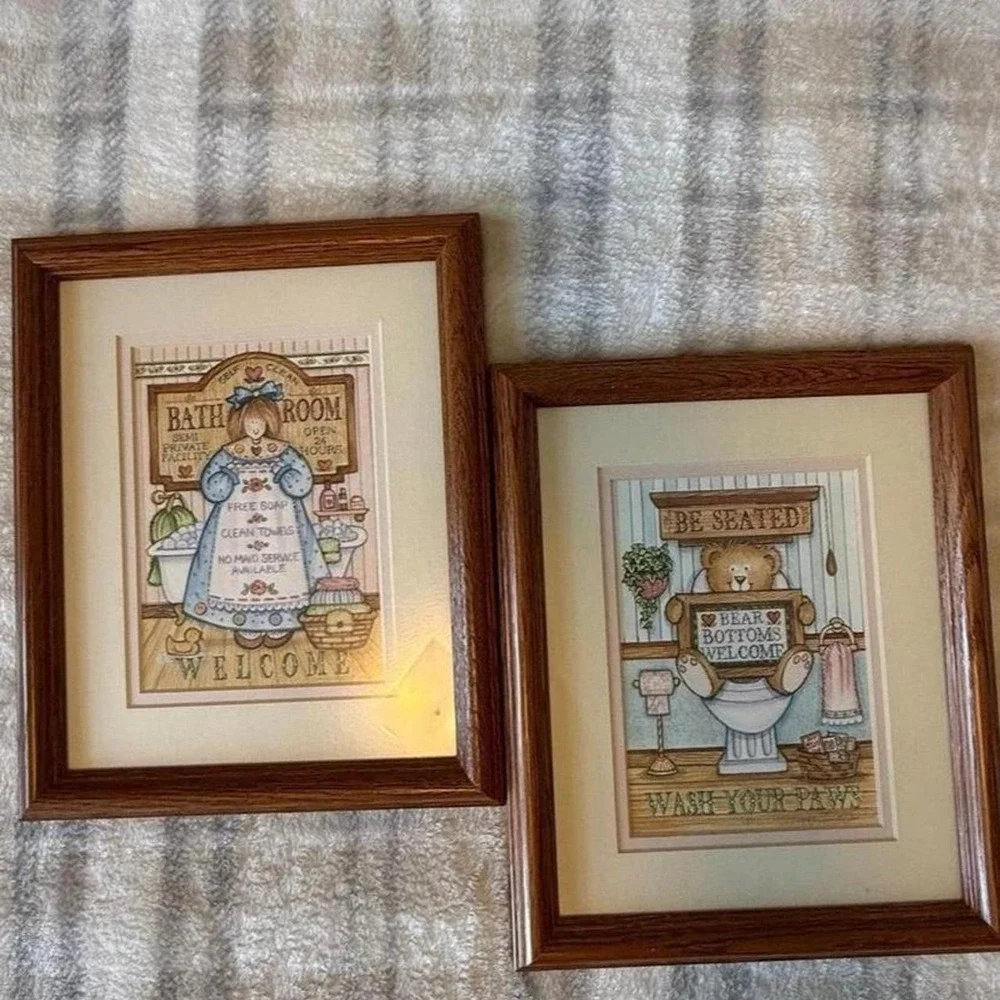 Vintage Country Bathroom Wall Art Set Framed Prints Farmhouse Decor Teddy Bear